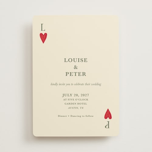 This is a olive wedding invitations with standard by Helena Vitto called red hearts printing on signature in standard