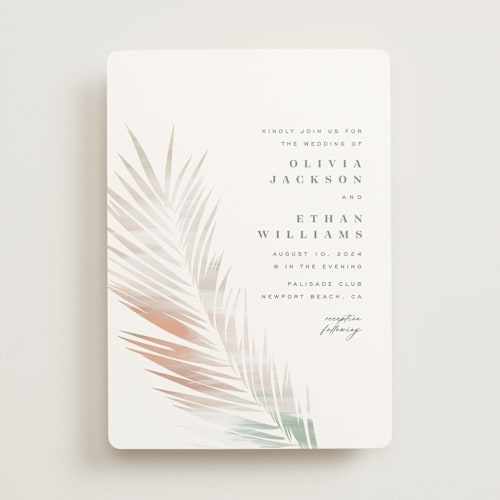 This is a coconut wedding invitations with standard by Owl and Toad called painted leaves printing on signature in standard