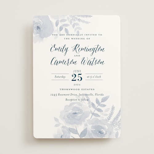 This is a indigo wedding invitations with standard by Jill Means called watercolor floral printing on signature in standard