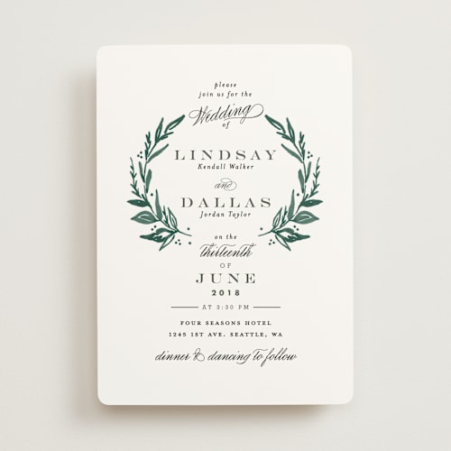 This is a forest green wedding invitations with standard by Alethea and Ruth called elegant crest printing on signature in standard