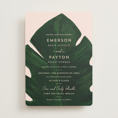 This is a blush palm wedding invitations with standard by Kaydi Bishop called palm printing on signature in standard