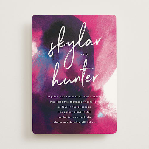 This is a magenta wedding invitations with standard by Phrosné Barwood called funky names printing on signature in standard