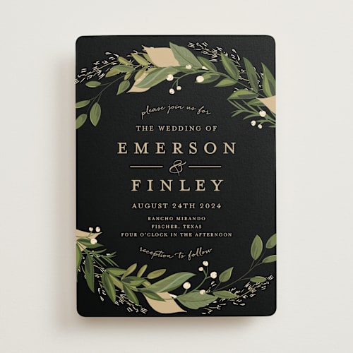 This is a midnight wedding invitations with standard by Susan Moyal called vines of green printing on signature in standard