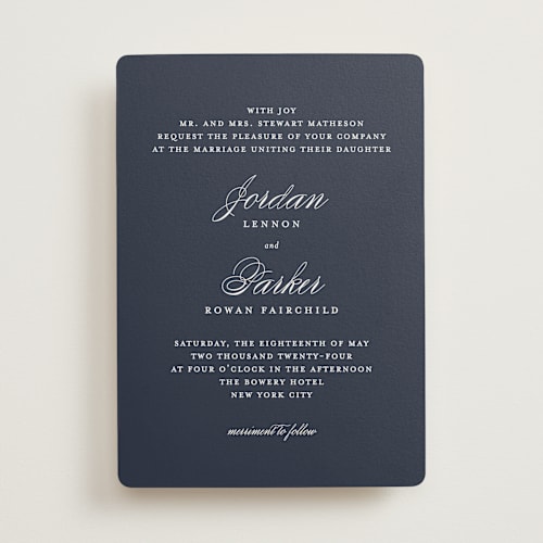 This is a midnight wedding invitations with standard by Kimberly FitzSimons called flawless printing on signature in standard