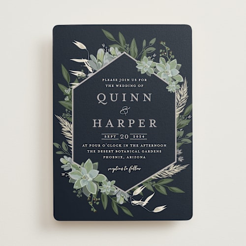 This is a navy wedding invitations with standard by Susan Moyal called succulent surround printing on signature in standard