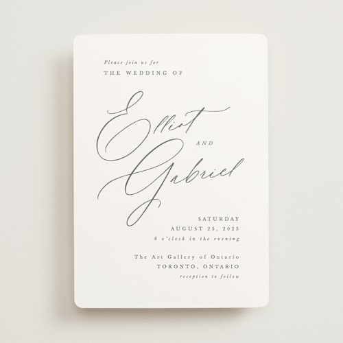 This is a pearl wedding invitations with standard by Hooray Creative called scripted names printing on signature in standard