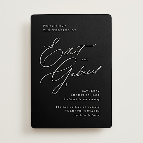 This is a onyx wedding invitations with standard by Hooray Creative called scripted names printing on signature in standard