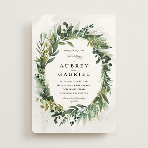 This is a emerald wedding invitations with standard by Susan Moyal called mixed greenery printing on signature in standard