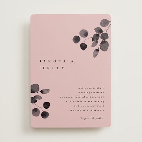 This is a dusty rose wedding invitations with standard by Shannon Chen of Four Wet Feet Studio called silver dollar eucalyptus printing on signature in standard