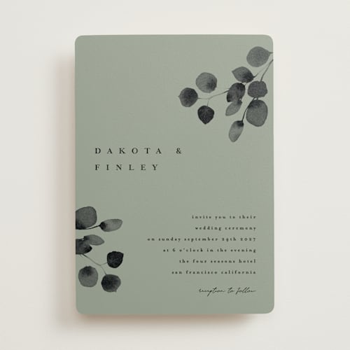 This is a sage wedding invitations with standard by Shannon Chen of Four Wet Feet Studio called silver dollar eucalyptus printing on signature in standard
