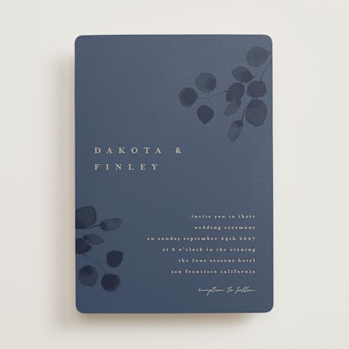 This is a navy wedding invitations with standard by Shannon Chen of Four Wet Feet Studio called silver dollar eucalyptus printing on signature in standard