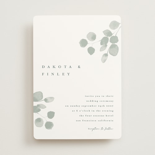 This is a silver dollar wedding invitations with standard by Shannon Chen of Four Wet Feet Studio called silver dollar eucalyptus printing on signature in standard