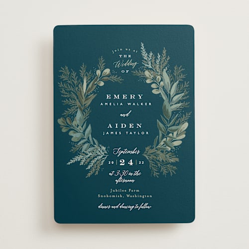This is a deep sea wedding invitations with standard by Alethea and Ruth called forest crest printing on signature in standard