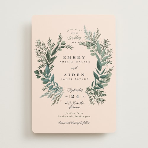 This is a blush wedding invitations with standard by Alethea and Ruth called forest crest printing on signature in standard