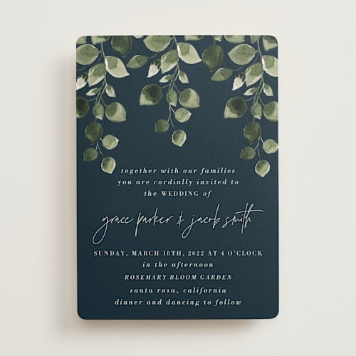 This is a navy wedding invitations with standard by Anupama called green rush printing on signature in standard