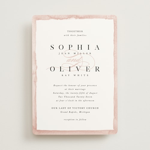 This is a blush wedding invitations with standard by Pixel and Hank called first love printing on signature in standard