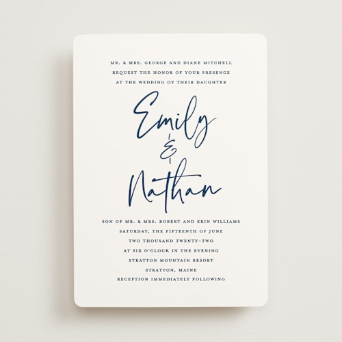 This is a navy wedding invitations with standard by Kerry Doyle called semi formal printing on signature in standard