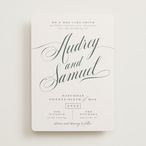 This is a evergreen wedding invitations with standard by Carrie ONeal called roman shade printing on signature in standard