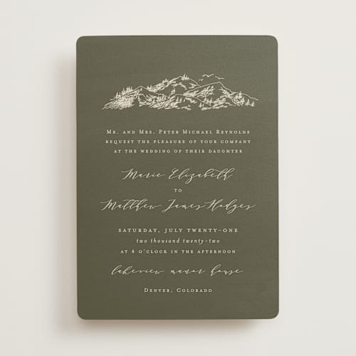 This is a olive wedding invitations with standard by Helen Halik called into the mountains printing on signature in standard
