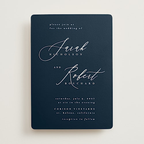 This is a navy wedding invitations with standard by Kelly Schmidt called corison printing on signature in standard