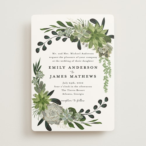 This is a ivory wedding invitations with standard by Susan Moyal called agave & greens printing on signature in standard