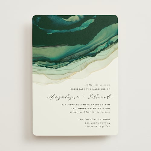 This is a emerald wedding invitations with standard by Three Kisses Studio called flow printing on signature in standard