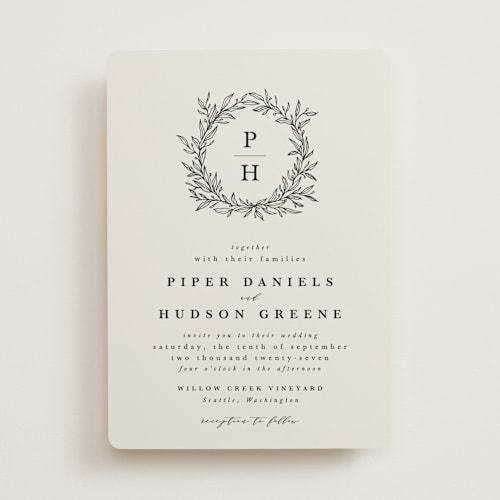 This is a cotton wedding invitations with standard by Kate Ahn called leafy wreath printing on signature in standard