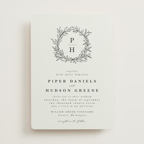 This is a sky wedding invitations with standard by Kate Ahn called leafy wreath printing on signature in standard