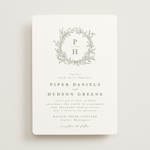 This is a moss wedding invitations with standard by Kate Ahn called leafy wreath printing on signature in standard