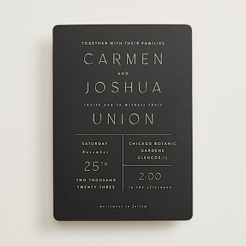 This is a noir wedding invitations with standard by Nazia Hyder called harmony printing on signature in standard