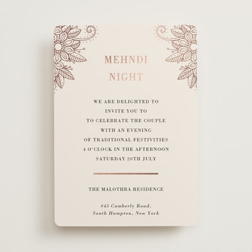 This is a peony foil stamped wedding invitations with foil pressed by Oma N. Ramkhelawan called mandala corners printing on signature in standard