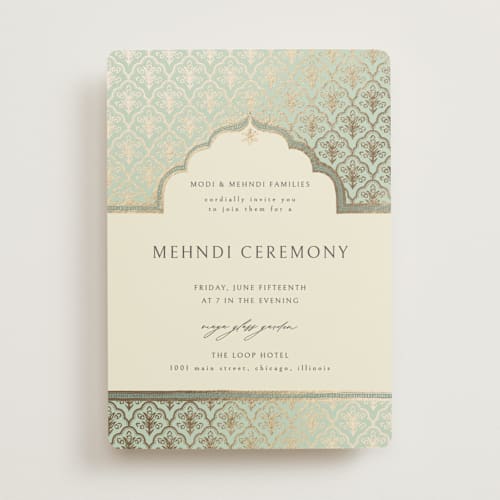 This is a aqua foil stamped wedding invitations with foil pressed by Pati Cascino called aatreya printing on signature in standard