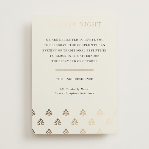 This is a champagne foil stamped wedding invitations with foil pressed by Oma N. Ramkhelawan called henna stamp printing on signature in standard