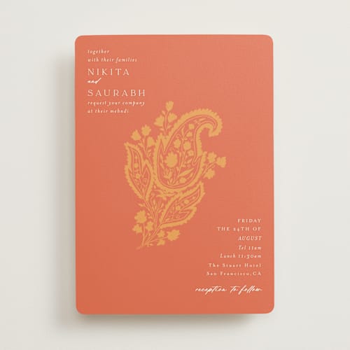 This is a tangerine wedding invitations with standard by Kanika Mathur called heritage paisley printing on signature in standard