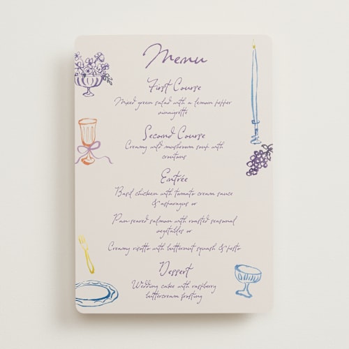 This is a hydrangea menu cards with standard by Cass Loh called tablescape drawing printing on signature in 5x7