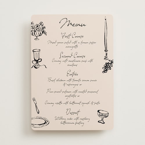 This is a black dahlia menu cards with standard by Cass Loh called tablescape drawing printing on signature in 5x7