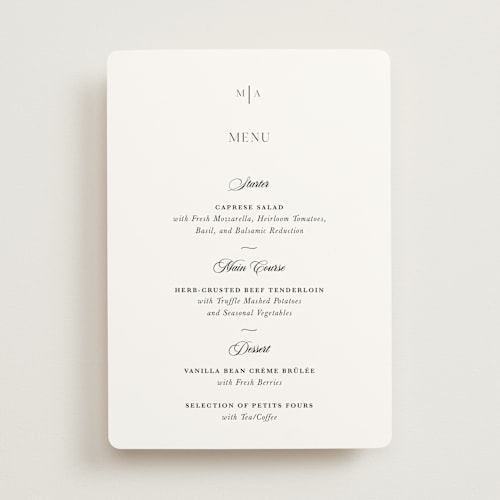 This is a obsidian menu cards with standard by Lucrecia Caporale called classic & timeless printing on signature in 5x7