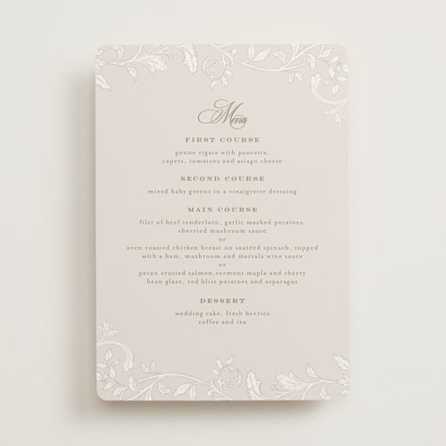 This is a natural menu cards with standard by BR Designs called vintage flourishes printing on signature in 5x7
