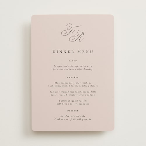 This is a dusty rose menu cards with standard by Kelly Schmidt called arch monogram printing on signature in 5x7