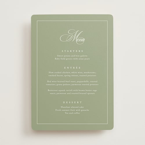This is a garden menu cards with standard by Kelly Schmidt called greenwood printing on signature in 5x7