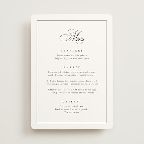 This is a silk menu cards with standard by Kelly Schmidt called greenwood printing on signature in 5x7