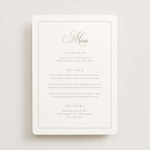 This is a golden menu cards with standard by Kelly Schmidt called greenwood printing on signature in 5x7
