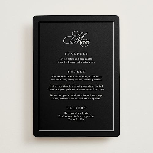 This is a midnight menu cards with standard by Kelly Schmidt called greenwood printing on signature in 5x7