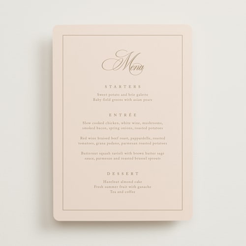 This is a champagne menu cards with standard by Kelly Schmidt called greenwood printing on signature in 5x7