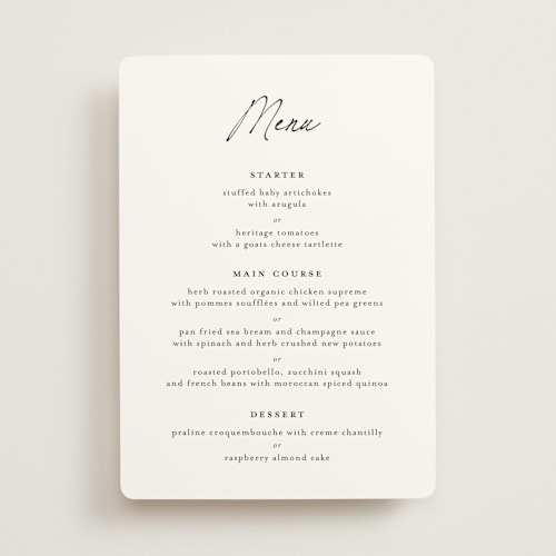 This is a jasmine menu cards with standard by Pippa Shaw called modern classic printing on signature in 5x7
