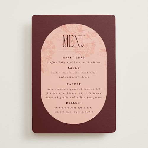 This is a burgundy menu cards with standard by Nazia Hyder called museum printing on signature in 5x7