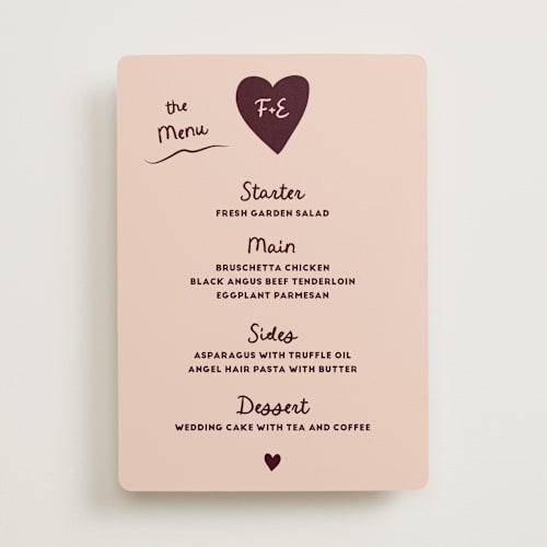This is a chocolate menu cards with standard by Ani Somi called big heart wedding printing on signature in 5x7