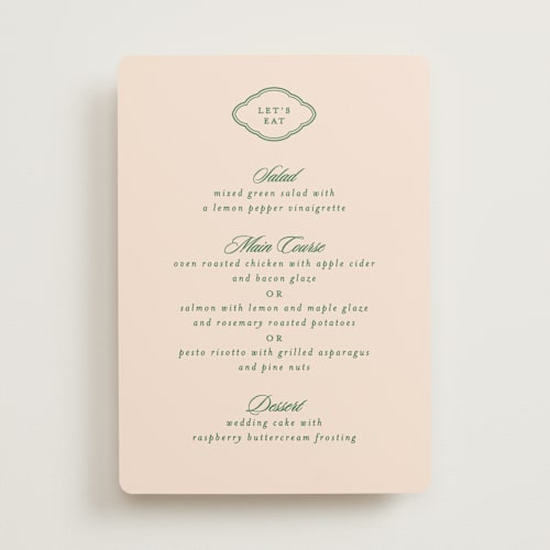 This is a emerald menu cards with standard by Creo Study called scripted printing on signature in 5x7