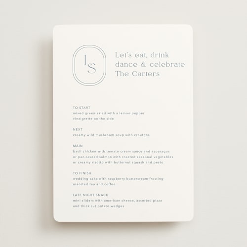 This is a lakeshore blue menu cards with standard by Jennifer Postorino called leighton printing on signature in 5x7