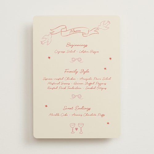 This is a peach menu cards with standard by Helena Vitto called the bird song printing on signature in 5x7